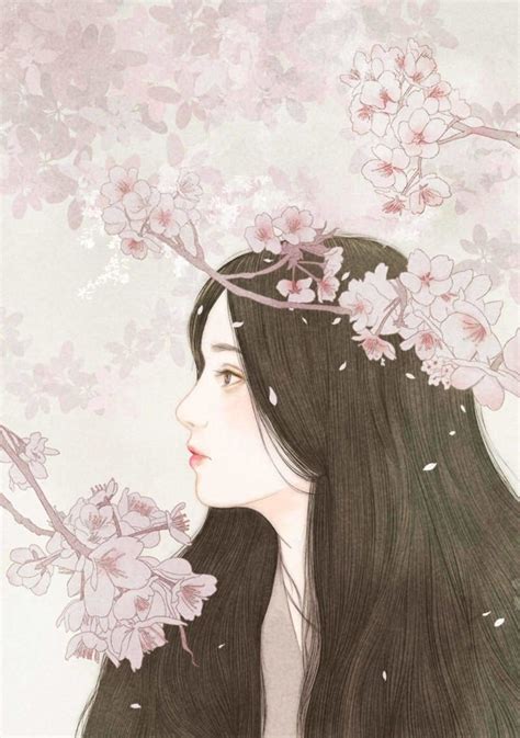 A Drawing Of A Woman With Long Hair And Flowers In Her Hair Looking To