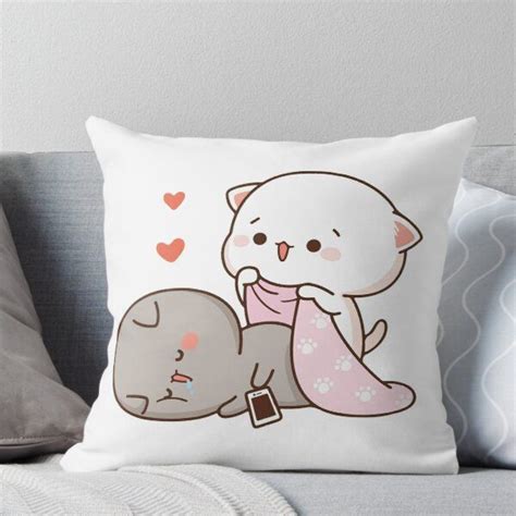 Peach And Goma Mochi Cat Drooling Throw Pillow By Misoshop In