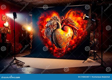 Heart Shaped Painting On Backdrop In Dark Room With Spotlight