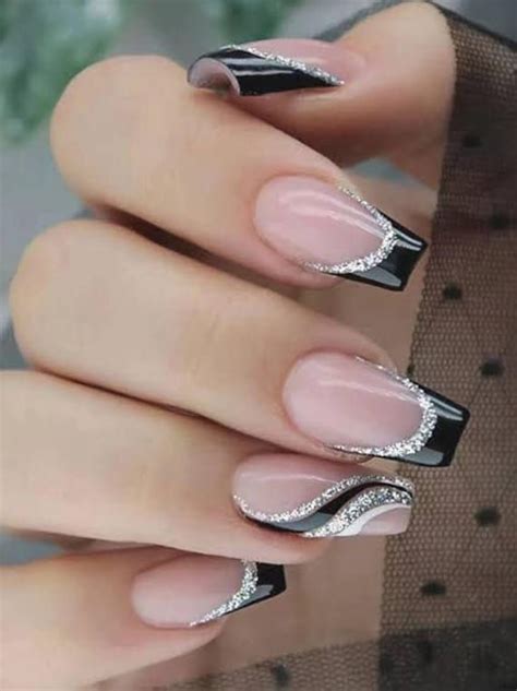 Luxury Black French Silver Accents Gel Press On Nails Etsy In