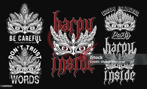 Set Of Labels With Masquerade Mask Feathers Staring Eyes Behind Text