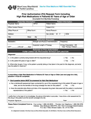 Fillable Online 2015 Blue HMO Essential Plan Prior Authorization PA