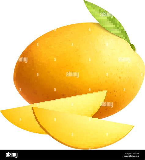 Realistic Whole Mango With Leaf And Two Slices On White Background