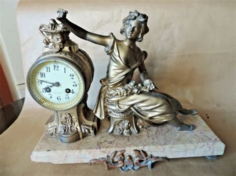 Ancien Pendule Horloge Marbre R Gule Patine Bronze All Gorie Femme