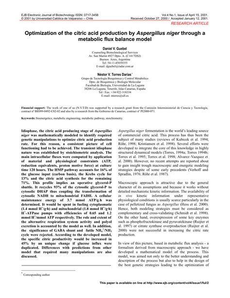 Pdf Optimization Of The Citric Acid Production By Aspergillus Niger