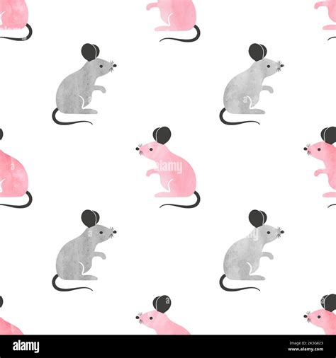 Seamless Pink And Grey Cute Mouse Pattern Vector Background With