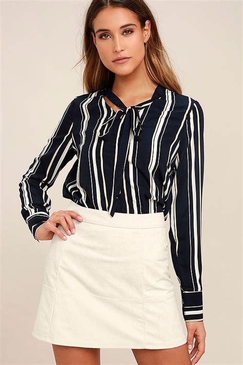 Chic Navy Blue Striped Top Tie Neck Top Long Sleeve Top Blouse