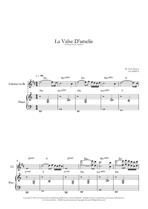 La Valse D Amelie Arr Smmus By Yann Tiersen Sheet Music For Clarinet