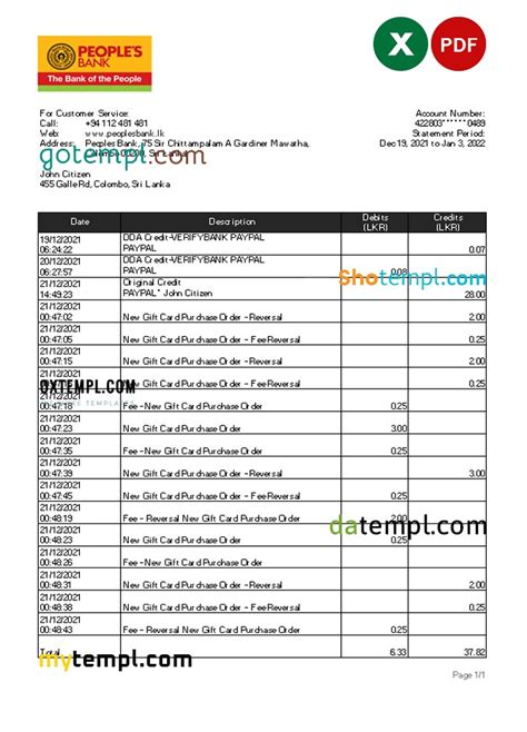 Sri Lanka People S Bank Statement Excel And Pdf Template