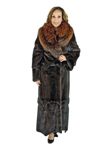 Mahogany Female Mink Fur Coat w/ Large Fox Collar - Small | Estate Furs ...