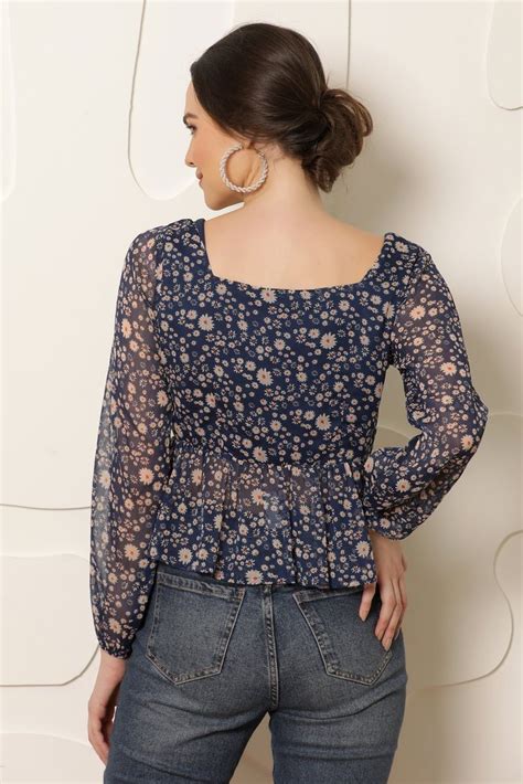 Printed Floral Print Sweetheart Neck Puff Sleeve Chiffon Peplum Top