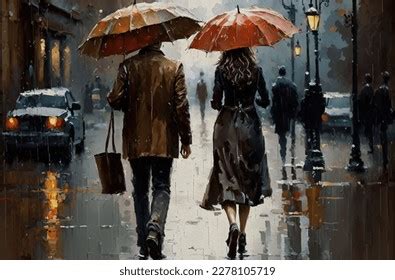 Oil Painting Rainy Day People Walking Stock Illustration 2278105719 ...