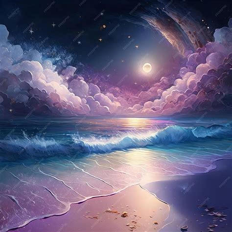 Premium AI Image | A painting of a beach with a moon and stars.