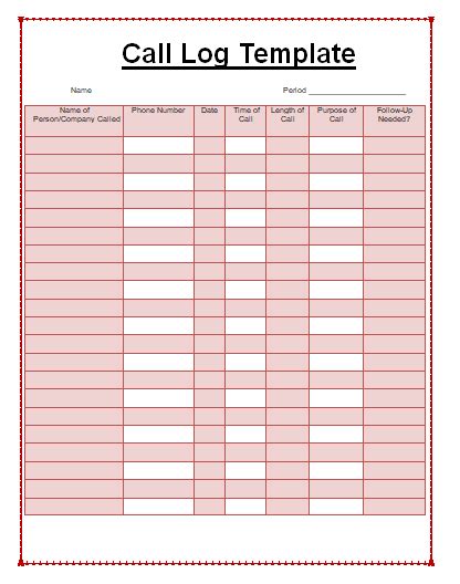 Free Call Log Templates Word Excel Pdf Formats Templates