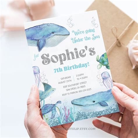 Whales Birthday Invitation Under The Sea Party Invite Watercolor