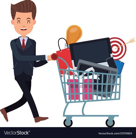 Business Man Pushing Shopping Cart Full Royalty Free Vector