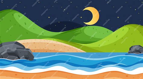 Premium Vector | Landscape design with ocean at night