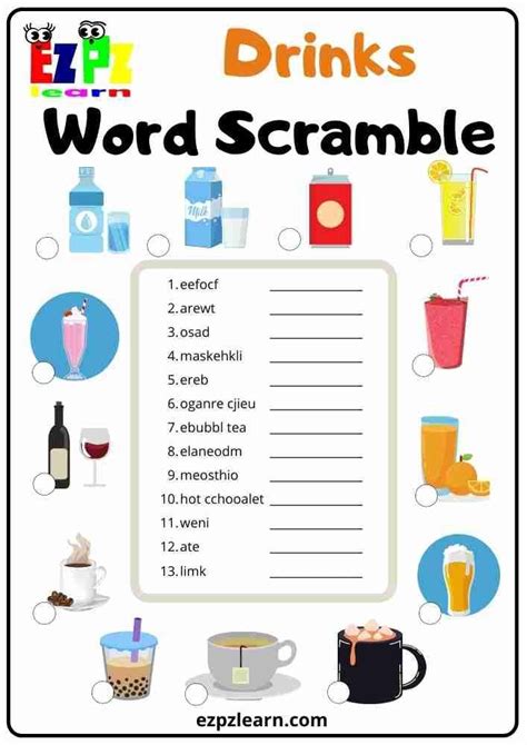 Free Printable Word Scramble High Level With Images Topic Drinks For