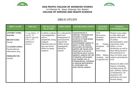 Drug Study Template None A Banzon St Ibayo Balanga City