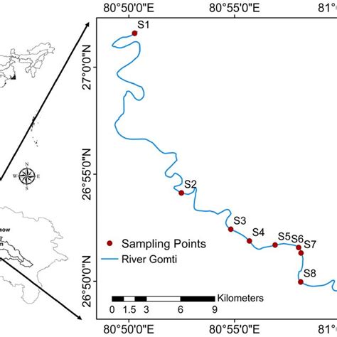 Location map of sampling sites and River Gomti | Download Scientific ...