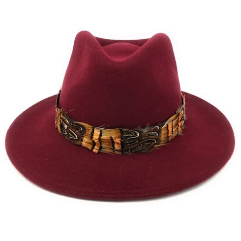 Womens Wool Burgundy Fedora Hat With Country Feather Wrap Trim Mickleton