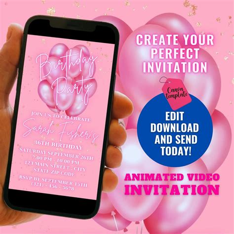 Electronic Pink Glitter Balloons Birthday Invitation Digital Birthday