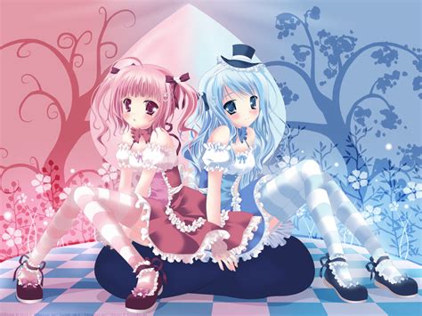 2girls Blue Eyes Blue Hair Blush Dress Hat Lolita Fashion Long Hair