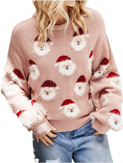 Pull Femme Joyeux Noël à Col Rond Manche Longu Père Noël Imprimé Pull