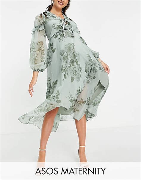 Asos Design Maternity Ruffle Detail Plunge Midi Dress With Tie Detail In Green Floral Print Asos