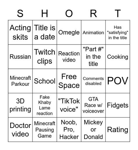 Youtube Shorts Bingo Card