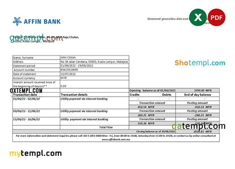 Malaysia Affin Bank Statement Excel And Pdf Template Gotempl Templates With Design Service