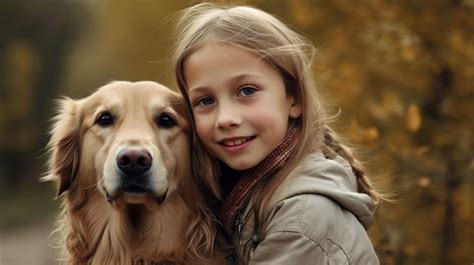 Una Ni A Abrazando A Un Perro Con Un Golden Retriever Foto Premium