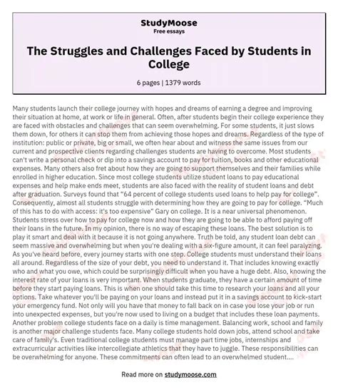 The Struggles And Challenges Faced By Students In College Free Essay