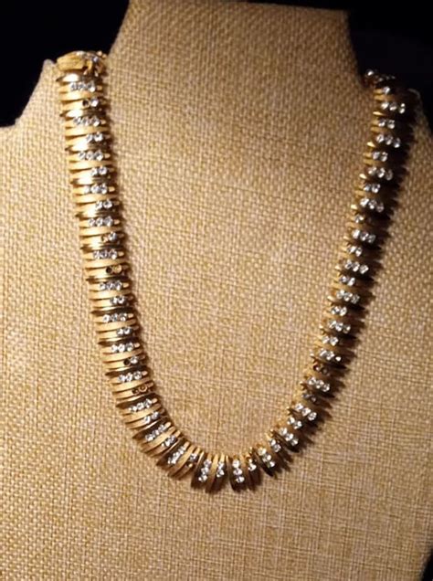 Trifari Crown Gold Brush Tone Rhinestones Spiked Neck Gem