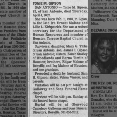 Tonie M Gipson Obituary 6 Apr 2002 Victoria Advocate Newspapers