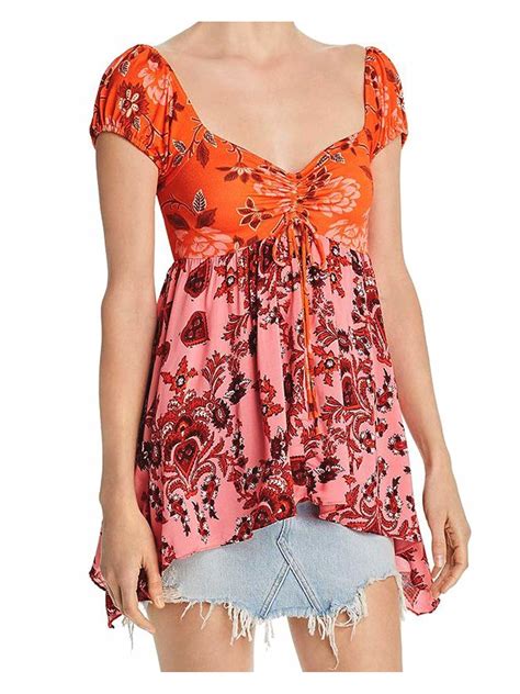 Free People 78 Womens New Red Floral Lace V Neck Cap Sleeve Baby Doll