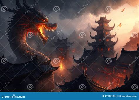 The Mystical Dragon Attacking a Chinese City Engulfed in Flames Stock ...