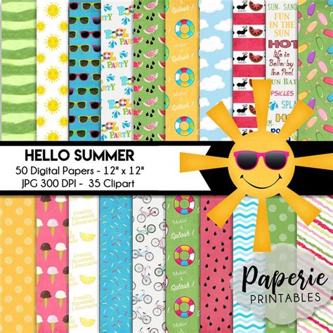 Hello Summer Digital Paper 12x12 Digital Scrapbooking Paper 50 Papers And 35 Clipart Summer