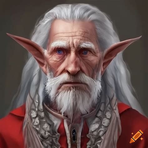 Elderly Male Elf With Long Gray Hair In A Red Robe On Craiyon