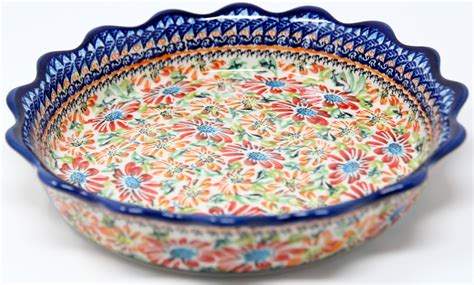 Polish Pottery Quiche Scalloped Pie Dish In Floral Garden Pattern