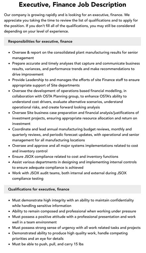 Executive Finance Job Description Velvet Jobs