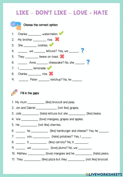 Likes And Dislikes Online Worksheet For Th Grade You Can Do The