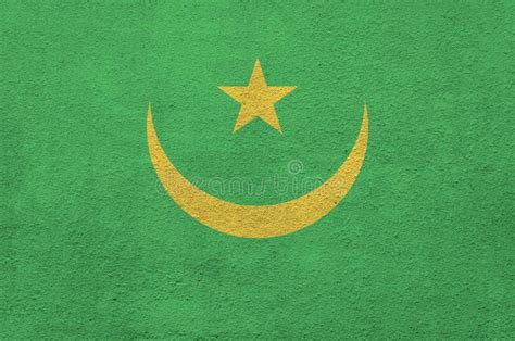 Mauritania Flag Depicted In Bright Paint Colors On Old Relief