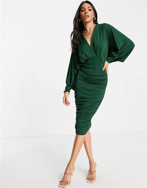 Midi Dress By Ax Paris Most Grammable Plunge Neck Flared Sleeves Ruched