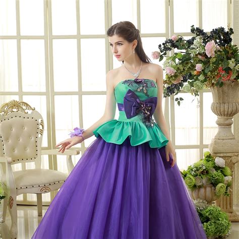 Green Purple Color Ruched Tulle Wedding Dress Strapless Theme Photography Off Shoulder Sexy