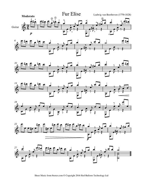 Beethoven Fur Elise Sheet Music For Guitar Notes