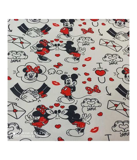 Tissu Coton Licence Mickey I Love You Minnie Oekotex Blanc