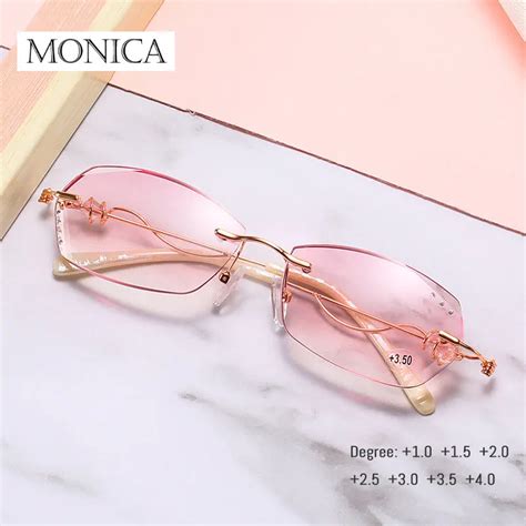 Diamond Cutting Reading Eyeglasses Alloy Rimless Women Pink Gradient Reading Glasses Woman