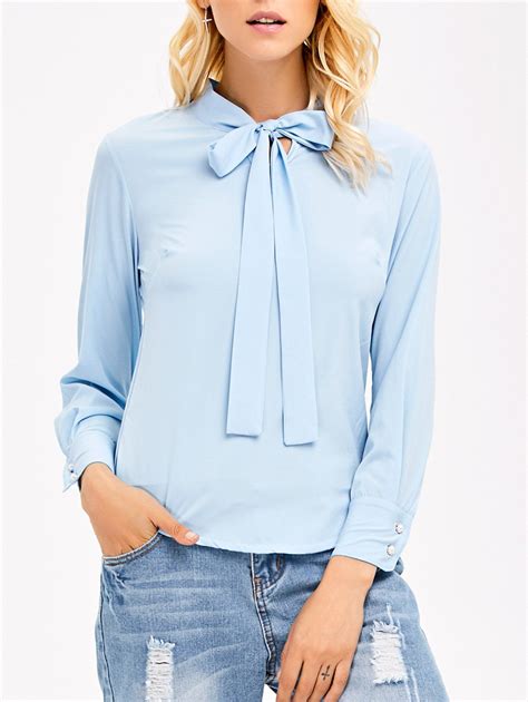 41 OFF 2020 Pussy Bow Tie Long Sleeves Blouse In LIGHT BLUE DressLily