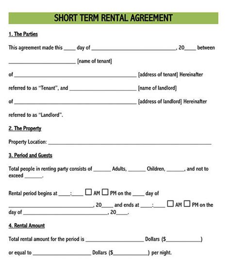 Printable Short Rental Agreement Form